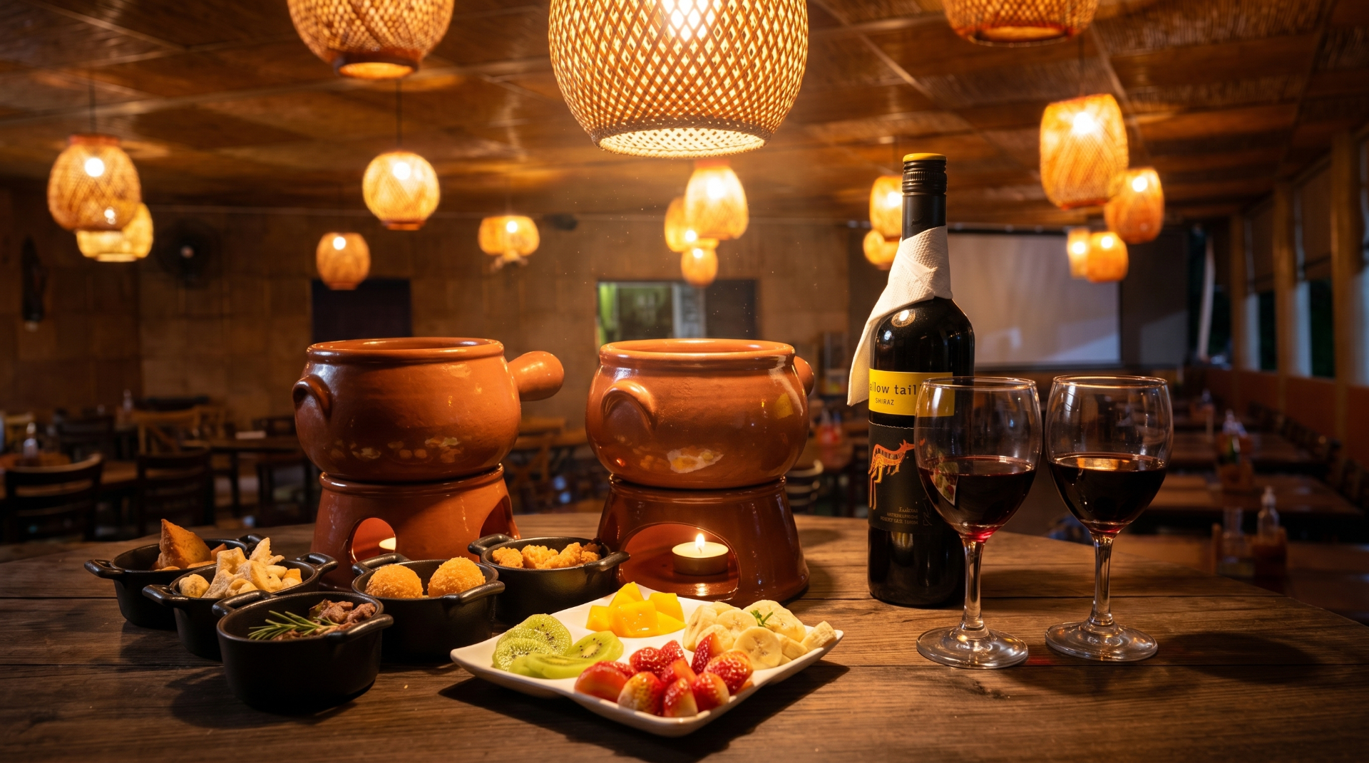 Mesa de fondue completa com vinho